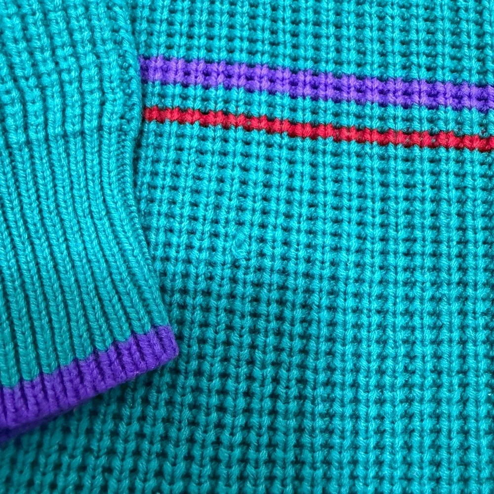 Vintage Melange 90s Teal Sweater Striped Cable Knit Crew Neck Womens Medium